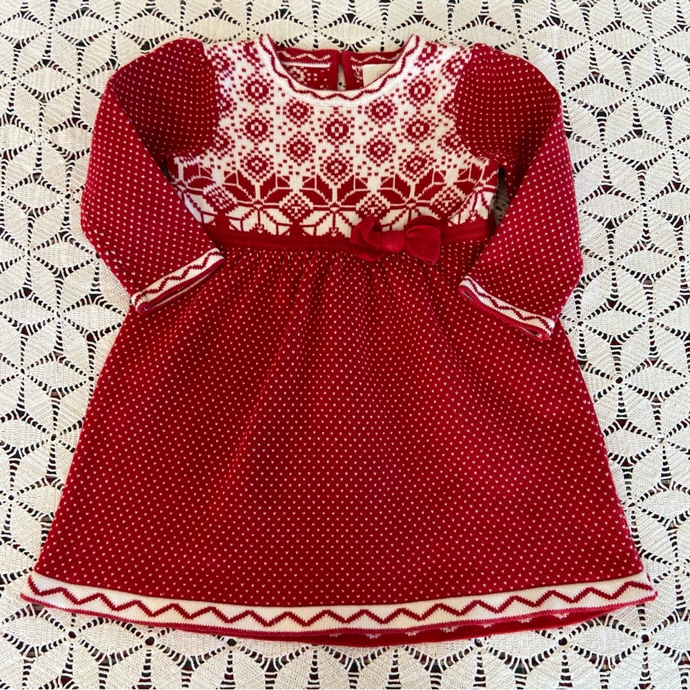 Hanna Andersson Red and White Cotton Holiday Sweater Dress Size 18-24 Mo